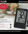 Black wireless digital indoor outdoor thermometer with large LCD display for patio pool and home use, showing temperature.