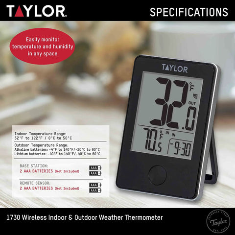 Black wireless digital indoor outdoor thermometer with large LCD display for patio pool and home use, showing temperature.