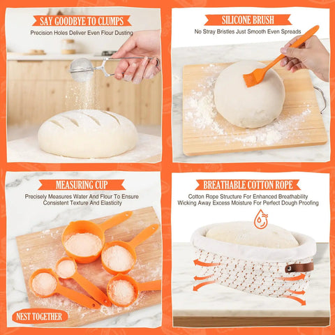 Ultimate All In One Sourdough Baking Kit With Proofing Baskets And Tools For Home Bakers, showing dough preparation and proofing items.