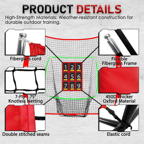 Seven By Seven Foot Baseball And Softball Practice Net With Numbered Strike Zone And Adjustable Batting Tee includes details on materials and construction