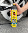 Emergency Tire Repair And Inflator Aerosol 16 Oz For Standard Tires Eco Friendly Formula Universal Fit For All Cars Quick Seal And Inflate In Seconds Flat, hand using on car tire