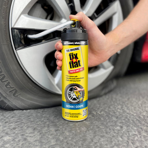 Emergency Tire Repair And Inflator Aerosol 16 Oz For Standard Tires Eco Friendly Formula Universal Fit For All Cars Quick Seal And Inflate In Seconds Flat, hand using on car tire