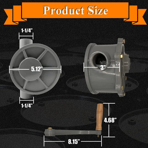 Product size view of Rotary Hand Oil Transfer Pump For Gas Caddies And Drums Aluminum 10 To 55 Gallon Fuel Pump With 1.25 Inch Outlet Two Way Siphon And Dispense For Gas Diesel And Light To Medium Viscosity Oils.