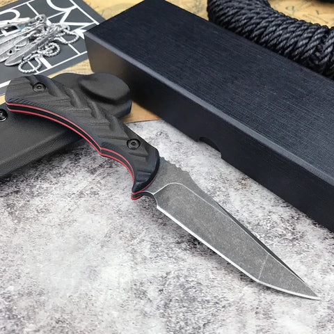Fixed Blade Knife With D2 Steel Blade, Textured G10 Handle, And Kydex Sheath For Safe Carry, shown with rugged components