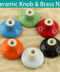 Top view of six round ceramic knobs in assorted colors with brass nuts, showcasing Orange Ceramic Knob Set 10 Pack 1.5 Inch Round Drawer Knobs With Screws For Cupboards Cabinets Wardrobes Kitchen Bedroom Doors And Kids Room Furniture Cool Upgrade.