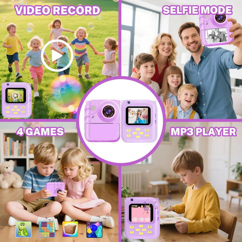 Kid Friendly Instant Print Camera With 1080P Video, Colorful Digital Photos And Black And White Ink Free Thermal Prints, Includes Three Print Rolls, Simple One Button Camera For Little Photographers, Portable Snap And Print Fun, purple front view