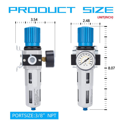 Workhorse 3/8 NPT High Pressure Air Filter Regulator With Water And Oil Trap Separator, Gauge 0-230 Psi, size dimensions shown