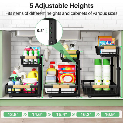 Heavy Duty Under Sink Organizer With Smooth Metal Slide Out Drawers That Are A Total Knockout For Taming Messy Cabinets And Handling The Heavy Lifting Around The House In Black Two Pack showcasing adjustable heights and storage options.
