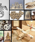 Collage of laser-cut wooden models and designs, including a dragon, airplane, and decorative home art, showcasing precision engraving.