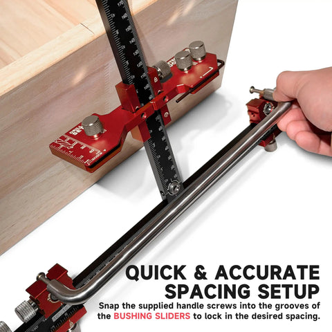 Upgraded Cabinet Hardware Jig Featuring Micro Adjustment Slider For Dead On Drawer Pull Template Alignment, showing precise setup with bushing sliders.