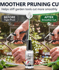 Pruner Lubricant For Garden Tools, Hedge Trimmer Oil For Blades, Pruning Shears Oil, Keeps Pivot Joints Smooth And Slick, Reduces Friction, Protects Exposed Metal, 1 Fl Oz bottle beside before-after pruning shears use