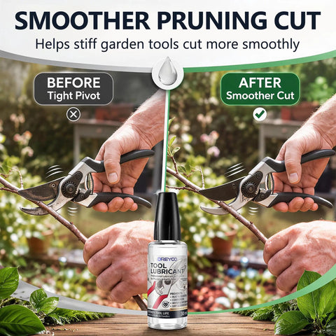 Pruner Lubricant For Garden Tools, Hedge Trimmer Oil For Blades, Pruning Shears Oil, Keeps Pivot Joints Smooth And Slick, Reduces Friction, Protects Exposed Metal, 1 Fl Oz bottle beside before-after pruning shears use