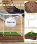 Hole In One Golf Ball Display Case With Realistic Turf Base And Walnut Wood Stand Clear Acrylic Box shown with golf club backdrop