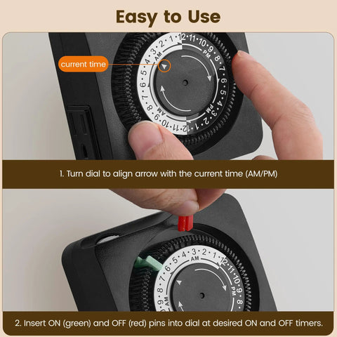 Slick Mechanical Timer With Two Grounded Outlets For Indoor Use And 24 Hour Daily Cycles showing dial setup instructions.