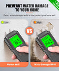 Super Handy Digital Moisture Meter For Checking Lumber Firewood Drywall Walls And Building Materials Features Backlit Lcd Display showing normal vs water damaged wall