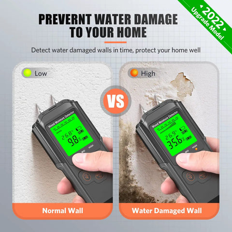 Super Handy Digital Moisture Meter For Checking Lumber Firewood Drywall Walls And Building Materials Features Backlit Lcd Display showing normal vs water damaged wall