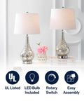 Mercury Silver Glass Table Lamp Set Of 2 With White Linen Shades, 25.5 Inch Sleek Modern Transitional Trellis Design