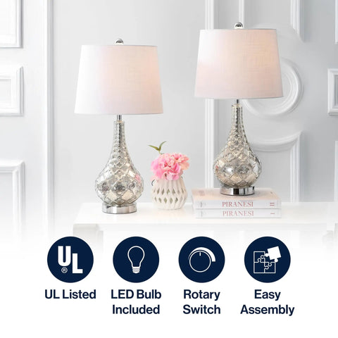 Mercury Silver Glass Table Lamp Set Of 2 With White Linen Shades, 25.5 Inch Sleek Modern Transitional Trellis Design
