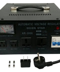 Front view of 3000 Watt Heavy Duty Voltage Regulator And Stabilizer With Built In Transformer For 110 120V To 220 240V And 220 240V To 110 120V Conversions CE Certified 50 60 Hz Compatible Front Meter Display
