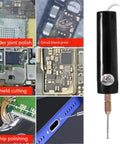 Handheld Electric Screw Extraction Pen And Mini Grinder For Busted Or Jammed Smartphone Bolts With 11 Precision Bit Set and Two Way Switch close-up view with circuit board and grinding images.