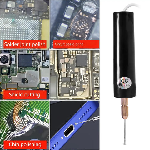 Handheld Electric Screw Extraction Pen And Mini Grinder For Busted Or Jammed Smartphone Bolts With 11 Precision Bit Set and Two Way Switch close-up view with circuit board and grinding images.
