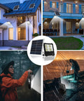 Collage showing Ultra Bright 300W Solar Flood Light With 521 LEDs 24000LM IP66 Waterproof Remote Control illuminating homes and outdoor scenes.