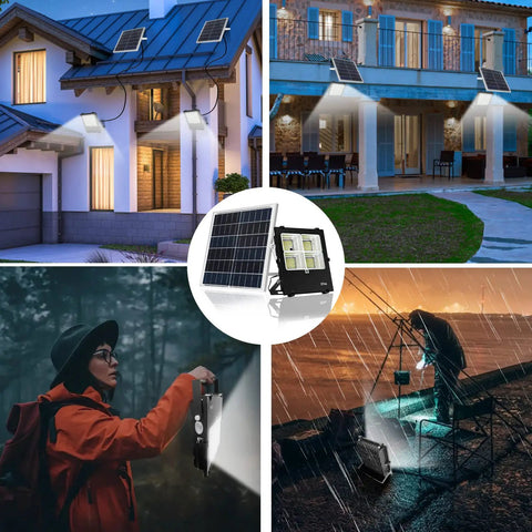 Collage showing Ultra Bright 300W Solar Flood Light With 521 LEDs 24000LM IP66 Waterproof Remote Control illuminating homes and outdoor scenes.