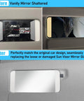 Before and after of Tesla Model 3 And Model Y Sun Visor Mirror Glass Replacement Plug And Play Install for 2017-2024 cars.