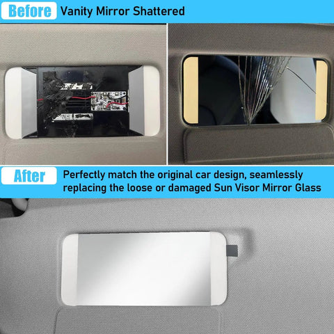 Before and after of Tesla Model 3 And Model Y Sun Visor Mirror Glass Replacement Plug And Play Install for 2017-2024 cars.