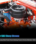 Installed Long Chrome Water Pump, Power Steering Pump, and 130W Chrome Alternator Kit for Small Block Chevy SBC 283 327 350 LWP Engines