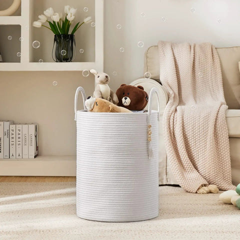 Cotton Rope Laundry Hamper Basket 58L Tall Woven Collapsible Organizer For Blankets Clothes Toys In Laundry Room Storage Go To For Busy Households Great For Dorms And Shared Living Spaces in a cozy room with toys inside