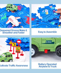 Puzzle Racer Kid Friendly Cars Track Set For Ages 3 To 5 showing green truck, airplane, road signs, and puzzle assembly