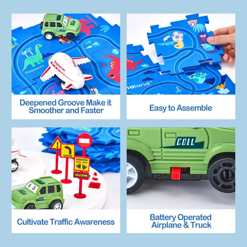 Puzzle Racer Kid Friendly Cars Track Set For Ages 3 To 5 showing green truck, airplane, road signs, and puzzle assembly