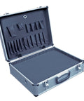 Open rugged aluminum tool case with foam insert and perforated storage panels, lightweight 6 lb carrier, 14x18x6 inches.