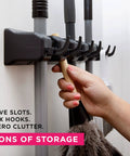 Heavy Duty Broom And Mop Wall Mount Organizer With Five Slots And Six Hooks Wall Mounted Broom Rack in use