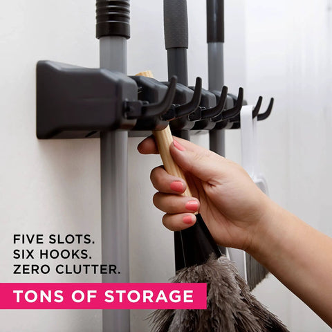 Heavy Duty Broom And Mop Wall Mount Organizer With Five Slots And Six Hooks Wall Mounted Broom Rack in use