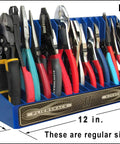 Blue Pliers Rack Organizer For Pegboard And Toolbox Drawer Holds 16 Sets Of Pliers From Regular To Small with dimensions shown