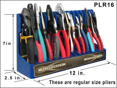 Blue Pliers Rack Organizer For Pegboard And Toolbox Drawer Holds 16 Sets Of Pliers From Regular To Small with dimensions shown
