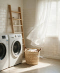 Large Water Hyacinth Storage Basket 15.7 Inch near washing machines in a bright laundry room