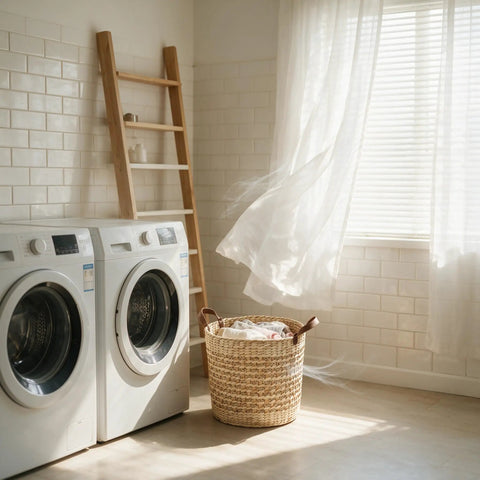 Large Water Hyacinth Storage Basket 15.7 Inch near washing machines in a bright laundry room