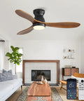 Top Notch 42 Inch Ceiling Fan With Soft Warm Light, App And Smart Remote Control, Dead Silent Dc Motor, Three Handcrafted Wood Blades, Smooth Six Speed Airflow, Cozy Bedroom Patio Glow Up in stylish living room with fireplace.