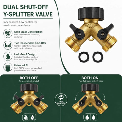 Heavy Duty Garden Hose Splitter 2 Way Brass Y Splitter With 2 Valves And 2 Extra Rubber Washers Solid Brass Water Splitter For Dual Watering Easy On Off Controls Durable Industrial Grade, 3/4 in brass