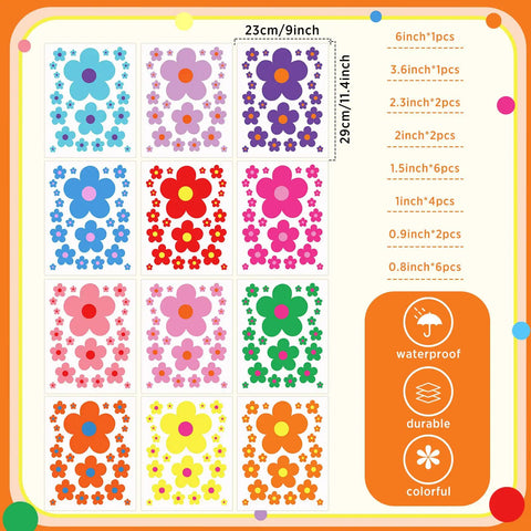 288 Piece Flower Wall Sticker Set with colorful floral patterns on 12 sheets, self-adhesive vinyl decals, bright colors in Y2K style.