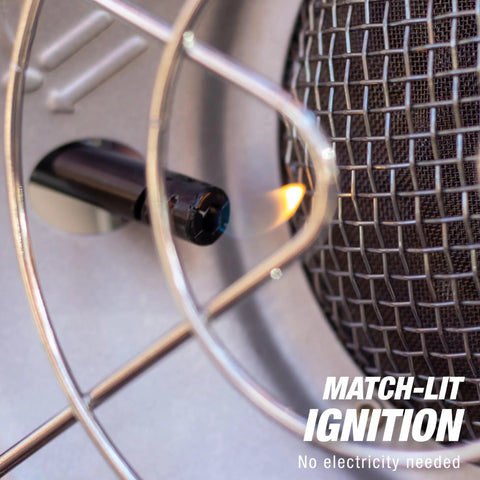 Close-up of match-lit ignition on Dual Swivel Burner Outdoor Propane Heater For Deck Or Patio, 10,000 To 30,000 BTU, no electricity needed