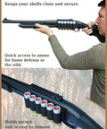 Six Pack 12 Gauge Shotgun Shell Holder Side Saddle Carrier mounted on shotgun with six shells visible, black color.
