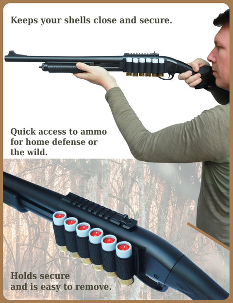 Six Pack 12 Gauge Shotgun Shell Holder Side Saddle Carrier mounted on shotgun with six shells visible, black color.