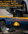 Dual Cylinder Tire Inflator Portable Air Compressor 160 PSI beside car and jeep in outdoor setting with tent