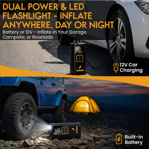 Dual Cylinder Tire Inflator Portable Air Compressor 160 PSI beside car and jeep in outdoor setting with tent