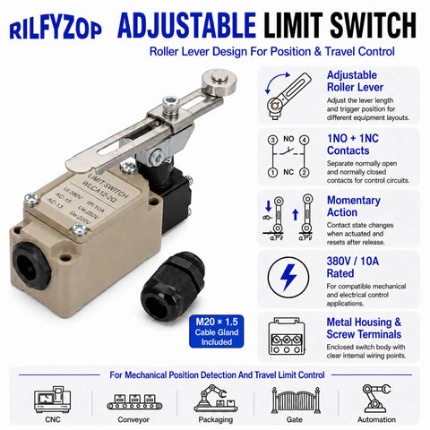 Heavy Lifter Adjustable Roller Lever Limit Switch For Factory Equipment 380V 10A showing slotted metal arm and connections.
