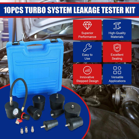Turbo system leak tester kit, 10 pieces, blue carrying case with gauge hose and black adapters for automotive use.